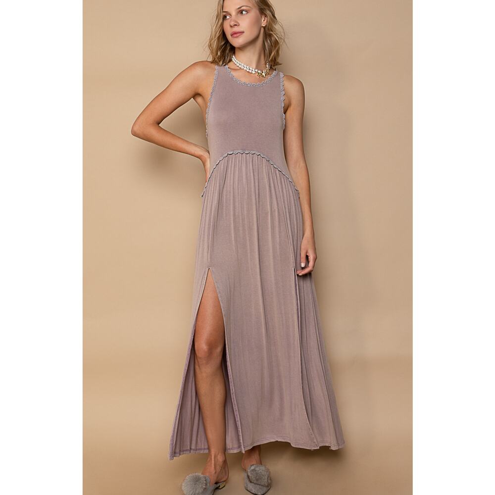 POL Taupe Grey Sleeveless Raceback Babydoll Front Slit Maxi Dress